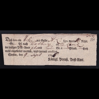 1796 Ortsdruck-Postschein des Königl. Preuß. Post=Amt Stettinttin
