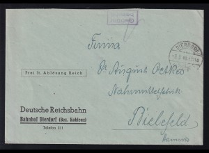 DIERDORF (BZ KOBLENZ) a 9.3.46 + R2 Gebühr bezahlt auf Dienstbrief des Bahnhof Dierdorf
