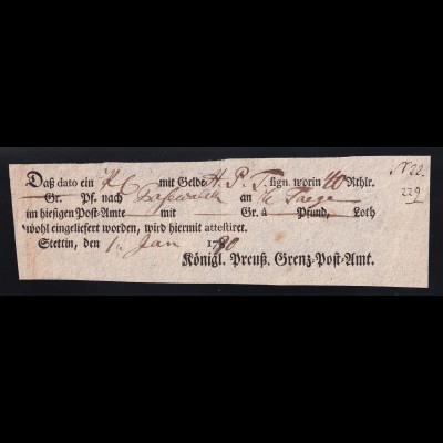 1790 Ortsdruck-Postschein des Königl. Preuß. Grenz=Post=Amt Stettin