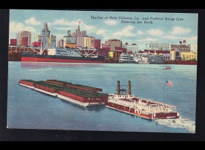 Skyline of New Orleans and Federal Barge Line Entering her Berth