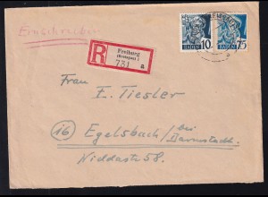 Freimarken 10 Pfg. und 75 Pfg. auf R-Brief ab Freiburg (Breisgau) nach Egelsbach