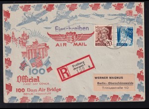 Freimarken 20 Pfg. und 50 Pfg. auf R-Brief (Luftbrücken-Umschlag) ab Freiburg (Breisgau) 