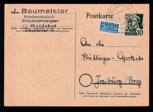 Ganzsache 10 Pfg. als Firmenpostkarte (J. Baumeister, Waldshut) ab Waldshut 1.9.49 
