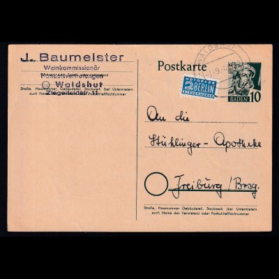 Ganzsache 10 Pfg. als Firmenpostkarte (J. Baumeister, Waldshut) ab Waldshut 1.9.49 