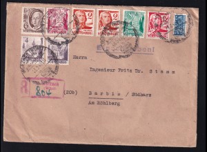 8 Freimarken auf R-Brief mit R-stempel ab Wurzach 23.2.49 nach Barbis/Südharz