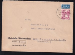 Freimarke 20 Pfg. auf Brief der Rheinischen Bürstenfabrik Andernach 
