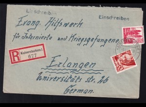 Freimarke 24 Pfg. und 60 Pfg. auf R-Brief ab Kaiserslautern 3.5.48 nach Erlangen, 