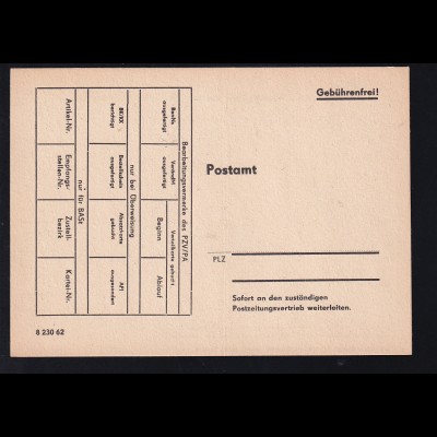 DDR Vordruck-Postkarte "Antrag auf Zeitungsüberweisung/Rundfunkummeldung", ungebraucht