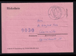 1990 Rückschein mit Ortsangabe Chemnitz und Poststempel KARL-MQARX-ST&ADT