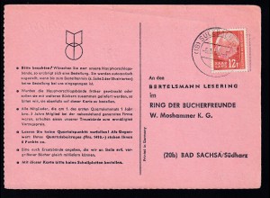 Theodor Heuss 12 F. auf Antwortkarte des Bertelsmann Lesering ab Sulzbach (Saar) 6.5.58