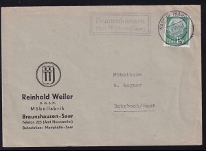 Theodor Heuss 15 F. auf Firmenbrief (Möbelfabrik Braunshausen-Saar) ab Wadern (Saar) 19.9.58