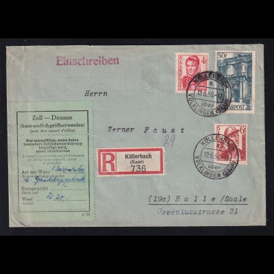 Freimarke 4 Fr., 6 Fr. und 50Fr,. auf R-Brief ab Köllerbach über Völklingen (Saar) 12.6.50 