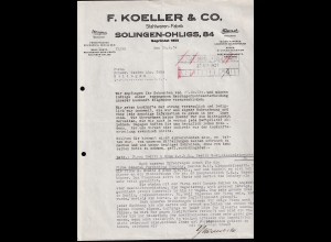 Firmenrechnung "F. Koeller & Co. Solingen-Ohligs", Stahlwaren-Fabrik, 1934, Aktenlochung