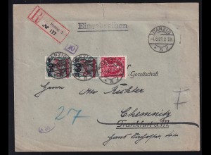 Kogge 40 Pfg. und Germania 60 auf 75 Pfg. (senkr. Paar) auf R-Brief ab Danzig 5 4.6.21 