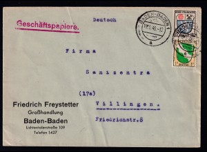 Wappen 1 Pfg. und 15 Pfg. auf Firmenbrief (Friedrich Freystetter, Baden-Baden) 