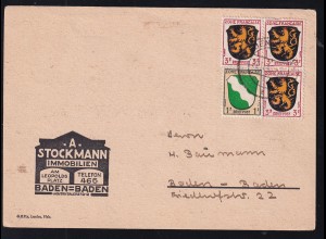 Wappen 1 Pfg. und 3 Pfg. (3x) auf Firmenpostkarte (A. Stockmann, Baden-Baden)