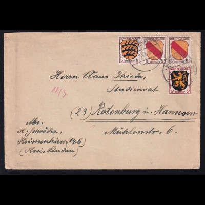 Wappen 3 Pfg., 5 Pfg. und 8 Pfg. (2x) auf Brief ab Heimenkirch 21.2.47 nach Rotenburg 
