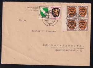 Wappen 1 Pfg., 3 Pfg., und 5 Pfg. (Randvierblock) auf Brief ab Lörrach 09.5.46 