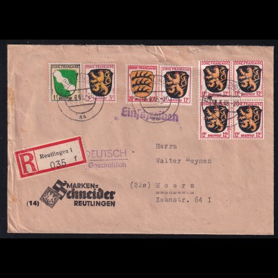 Wappen 1 Pfg., 3 Pfg., 12 Pfg. (5x) und 20 Pfg. auf Firmen-R-Brief (Marken-Schneider, 