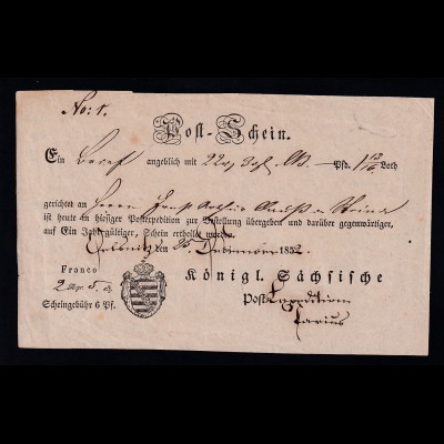 1853 Post-Schein für Geldbrief
